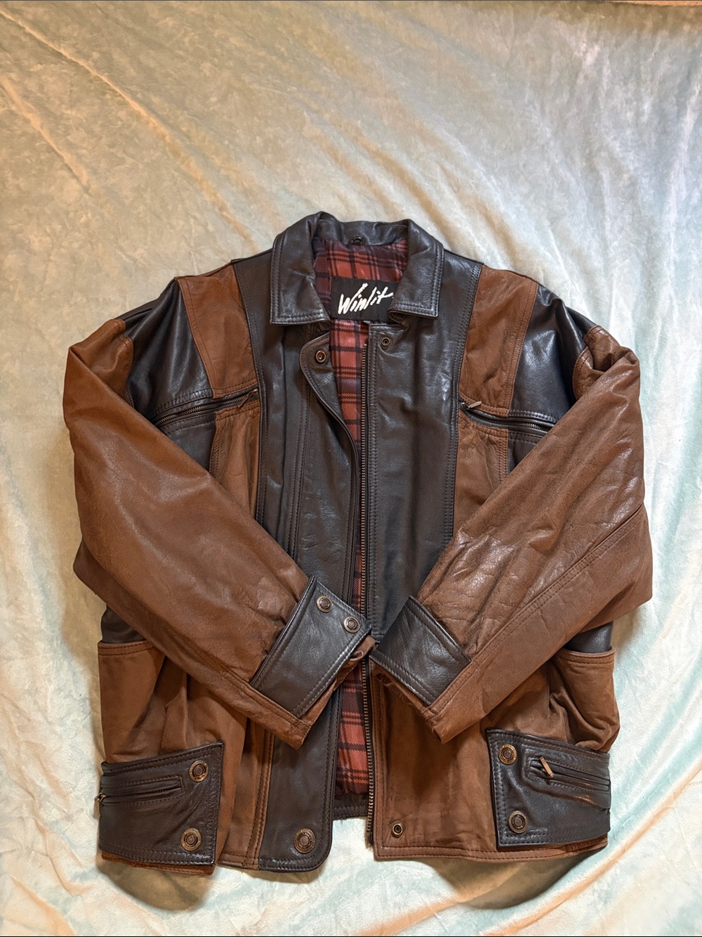 Vintage Winlit Korea Two-Tone Brown and Black Leather Jacket for Women